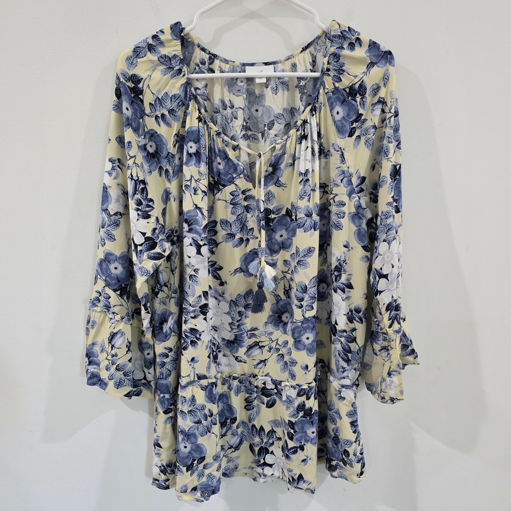 J Jill Womens Top Size Large Yellow Blue Floral Tassel Tie Ruffle Feminine‎